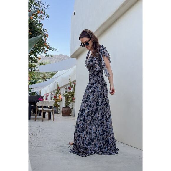 Cinq a Sept Kris Chiffon Dress in Raven Paisley Navy Blue Chiffon Smocked Maxi - Picture 13 of 15